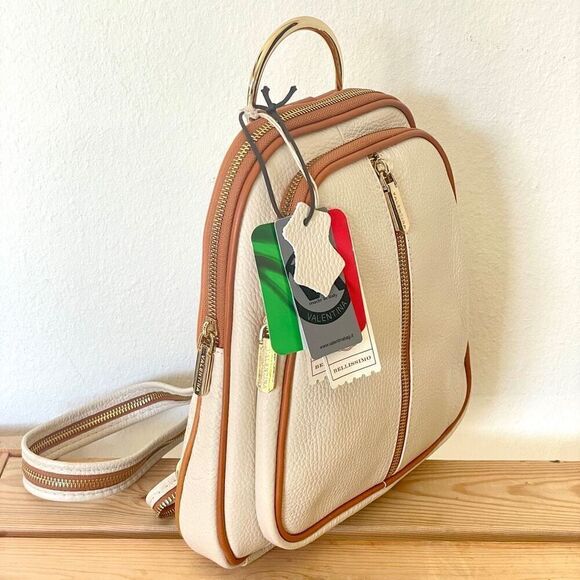 NWT Valentina Genuine Ivory & Tan Pebble Italian Leather Convertible Backpack main image 4